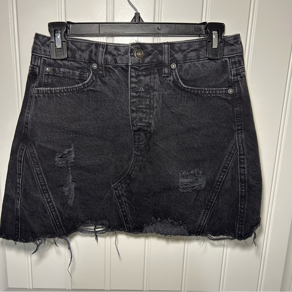 We the Free Free People Black Distressed Fringe Hem Denim Mini Skirt Size 26